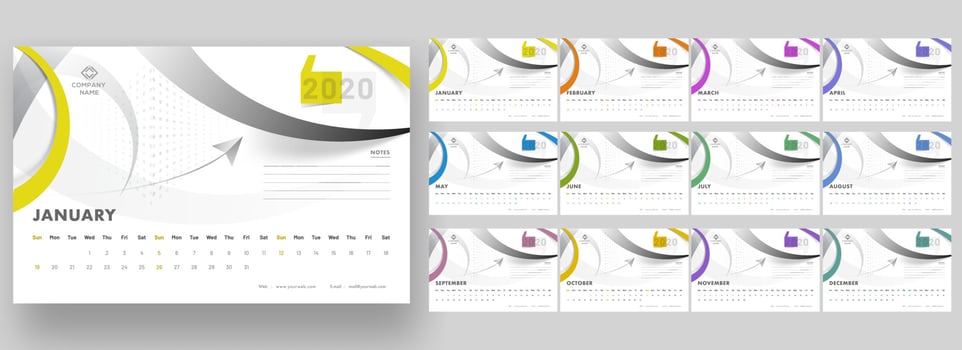 Complete set of 12 months for 2020 yearly calendar design with abstract geometric background. vector