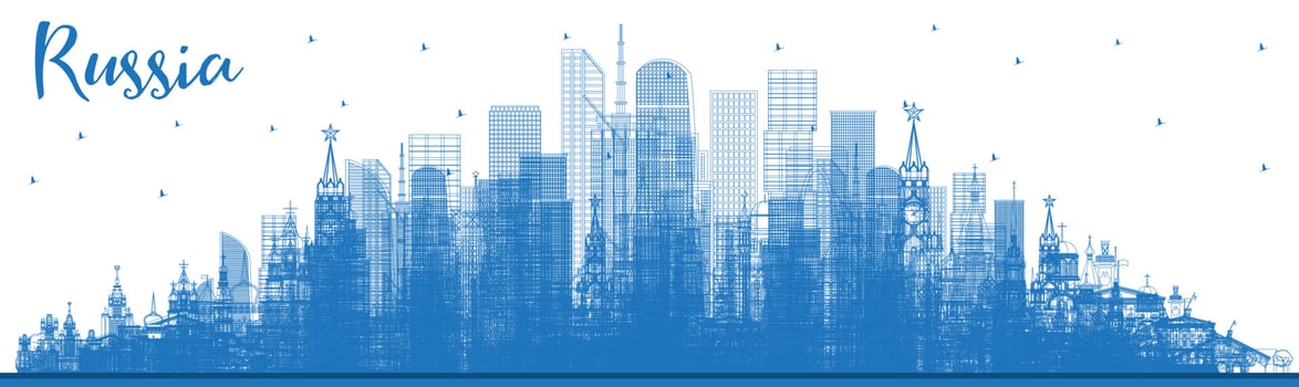 Outline Russia City Skyline with Blue Buildings. Vector Illustration. Tourism Concept with Historic Architecture. Russia Cityscape with Landmarks.