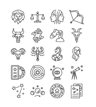 Astrology and Zodiac Sign Black Thin Line Icon Set. Vector
