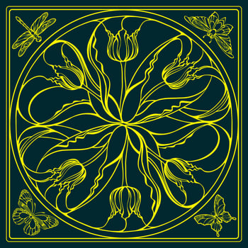 Botanical square pattern with tulips and butterflies. Mandala. Vector illustration.
