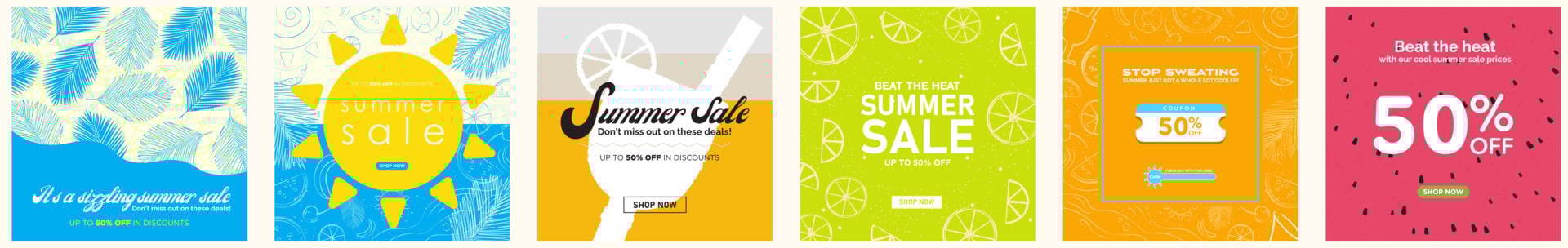 Set of Colorful Summer Sale Card Posters. Tropical and fruit color backgrounds. Hand drawn summer elements, cocktails, fruits, palm leaves. Voucher coupon template. Summer discount template. Vector. vector