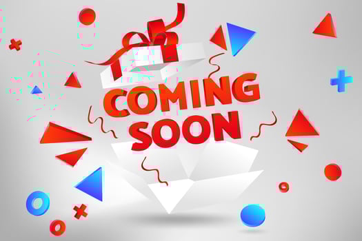 Modern 3D Vector Illustration of a Open Gift Box with Ribbon Bow for Promotional Advertisement, Coming Soon Banner Template, Glitter Decoration and Red Explosion. Surprise Present opening. Geometric