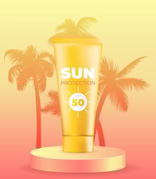 A vector illustration of an orange sunset over a tropical beach with a palm tree and a sunscreen tube on a pedestal. Perfect for summer sales, promotions, flyers, posters. Ideal for skin care
