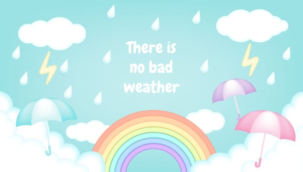 Bright and colorful kids vector 3d illustration of a rainy day with a clouds, lightning, rainbow, raindrops, umbrellas. For advertising, banners, coupons, flyers, posters, promotions,  monsoon season