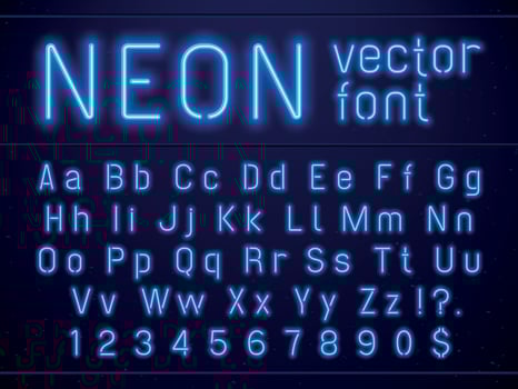 Bright glowing blue neon alphabet letters and numbers font. Nightlife entertainments, modern bars, casino illuminated vector signs