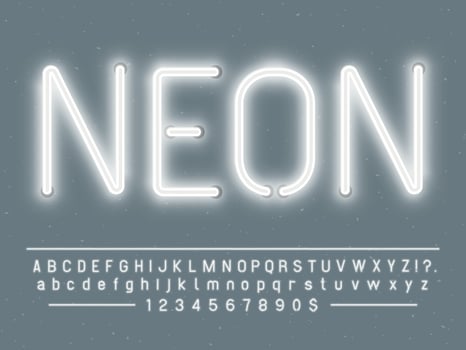 Bright glowing white neon sign characters. Vector font with glow light letters and numbers lamps