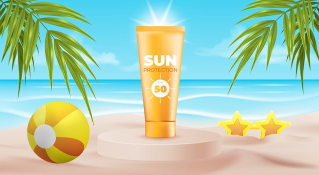 A vector illustration of a hot summer beach with a palm tree, sand, and ocean and a sunscreen tube, perfect for summer sales, promotions, flyers, posters, and more. Ideal for skin care, beauty
