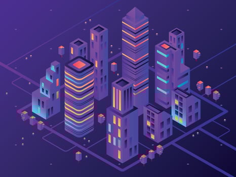 Isometric neon town. Futuristic illuminated city, future megapolis highway illumination and business district 3d vector illustration