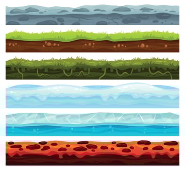 Seamless land layers. Dirt ground landscape game asset, ice with snow caps and lava floor. Cartoon surface vector assets