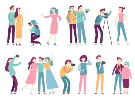 People taking photos. Woman takes selfie pictures, posing for professional photographer and man holding photo camera flat vector