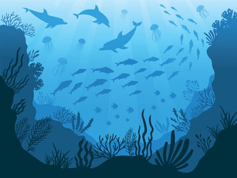 Underwater ocean fauna. Deep sea plants, fishes and animals. Marine seaweed, fish and animal silhouette vector background illustration