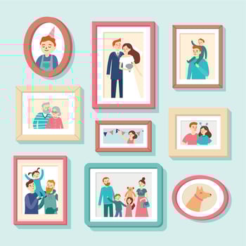 Family members portraits. Wedding photo in frame, couple portrait. Smiling husband, wife and kids photos in frames vector illustration