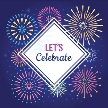 Lets Celebrate poster. Winter holiday celebration fireworks, anniversary party firework or celebrates vector background