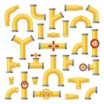 Gas pipeline. Industrial yellow pipes, pipe construction with valves and pipelines isolated elements vector set