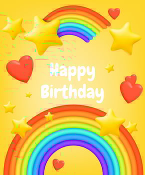 Colorful vector illustration of a happy birthday card with balloons, rainbow, yellow stars, hearts and bright colors. Perfect for birthday invitations, banners, and announcements for kids and babies.
