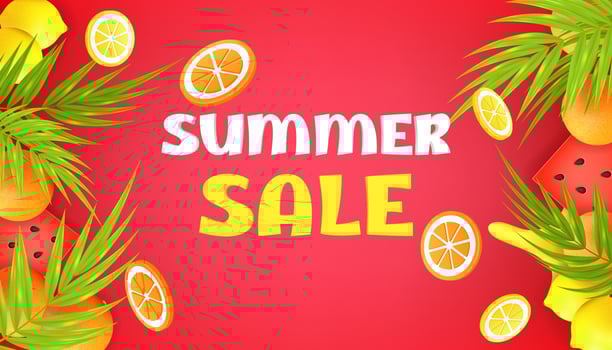 Summer sale. Vector illustration of a juicy red watermelon, lemon slice, orange fruit set against a lush tropical background with palm trees. Perfect for summer sales, promotions, flyers, poster.