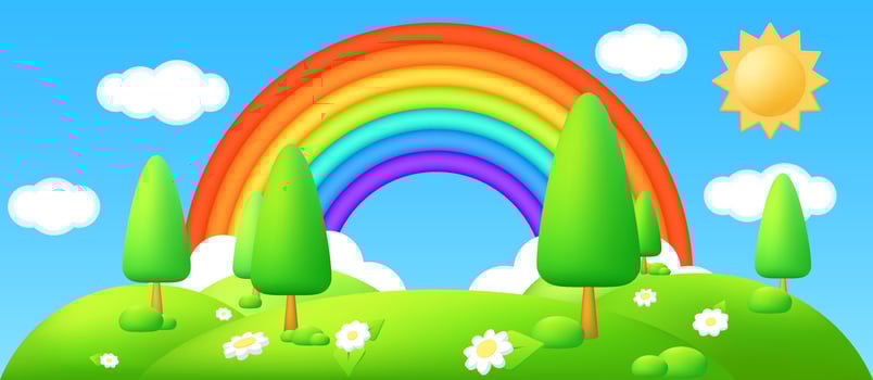 3D plastic vector illustration of a beautiful countryside landscape with green hills, sun, flowers, and a rainbow in the sky. Perfect for children's designs, banners, and templates. Cartoon meadow.