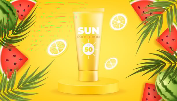 Vector illustration of juicy watermelon, exotic leaves and palm trees on a yellow background, and a sunscreen tube on a pedestal. Hydrating and moisturizing lotion for summer tanning, with UV protect