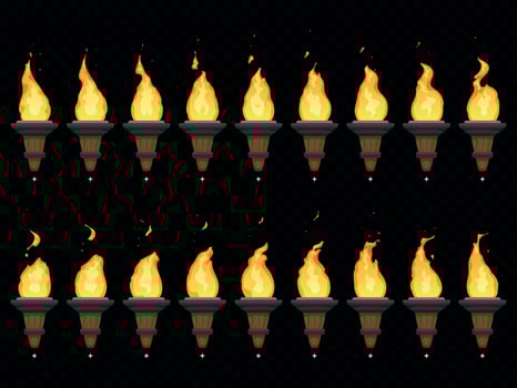 Torch fire animation. Burning cresset, flames on torches and flambeau animated loop sequence isolated vector set