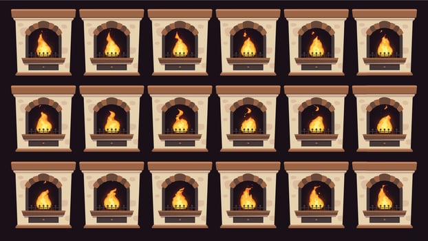 Animated fire in fireplace. Flames animation in retro home wood burning fireplaces isolated vector cartoon frames set