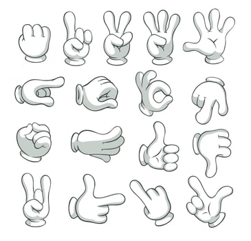 Cartoon gloved arms. Hand in glove character, motion hands. Vector isolated illustration collection