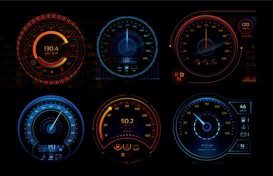 Futuristic car speedometer. Speed hud kilometer performance indicators dashboard, gas and fuel level analog panels vector collection