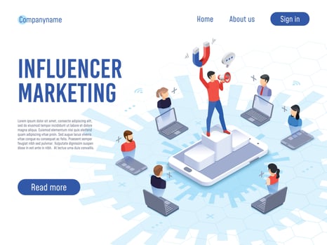 Influencer marketing. Influence on B2c clients, potential product buyers or consumer products buyer vector