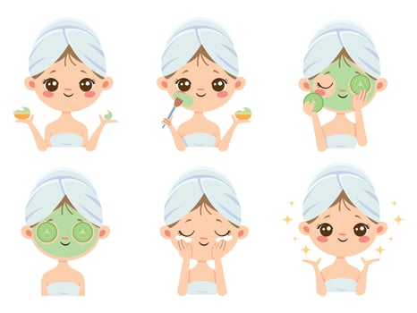 Beauty face mask. Woman skin care, cleaning and face brushing. Acne treatment masks vector cartoon illustration