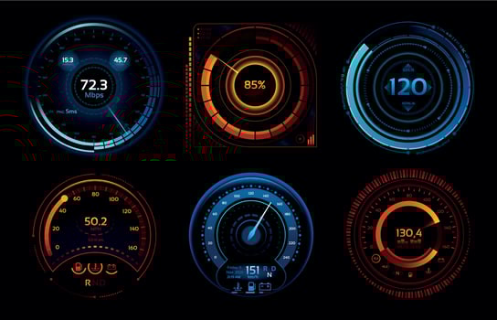 Speedometer indicators. Power meters, fast or slow internet connection speed meter stages vector concept