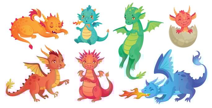 Dragon kids. Fantasy baby dragons, funny fairytale reptile and medieval legends fire breathing serpent cartoon isolated vector set
