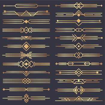Art deco divider. Gold retro arts border, 1920s decorative ornaments and golden dividers borders vector design set