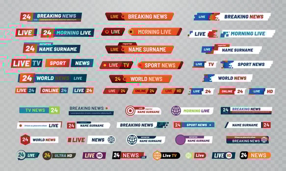 Tv broadcast title. Television broadcasting channels banners, show titles and news live video banner vector set