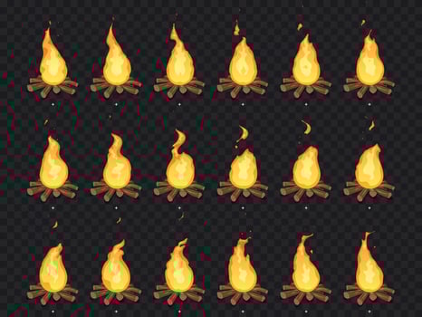 Burning bonfire animation. Hot fire, outdoor campfire and bonfires cartoon vector isolated sprites frames