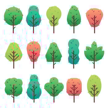Flat trees set. Garden tree trunk, bush and pine. Nature green landscape vector isolated illustration