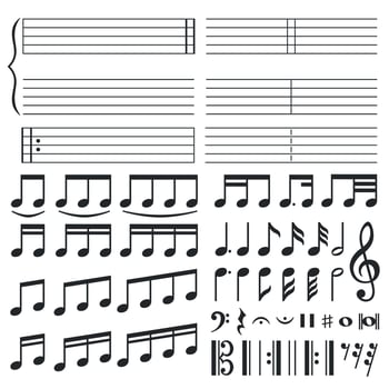 Music notes. Musical melody notation, note tone and treble clef swirl shape. Notes icons vector set