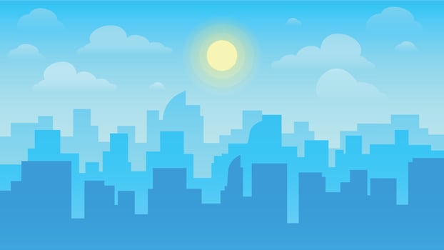 Urban cityscape. City architecture, skyscrapers buildings and town landscape with sun on cloudy sky vector background illustration