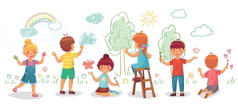 Kids drawing on wall. Childrens group draw color paintings on walls, child paint art cartoon vector illustration