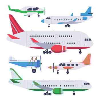 Flat airplanes. Aviation float airplane, private air plane and jet aircraft isolated vector illustration set