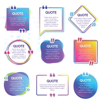 Quote info box. Text remark frame, quotes reference label and texting dialogue words excerpt frames boxes vector set
