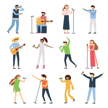 Musician singers people. Vocal singer artist, singing diva opera with mic and musicians sing song concert vector flat set