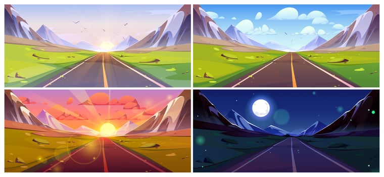 Mountain road view landscape cartoon landscape set vector