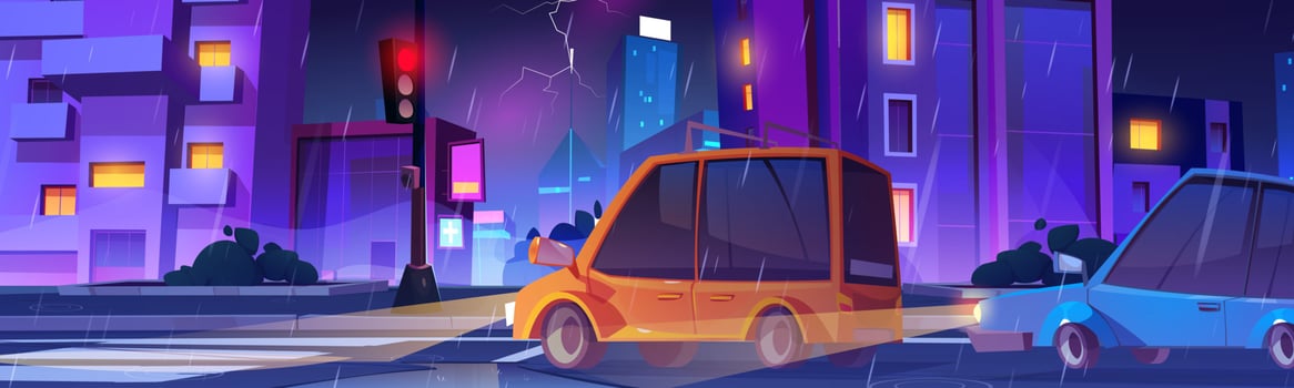 Night city street with cars in rainy weather vector