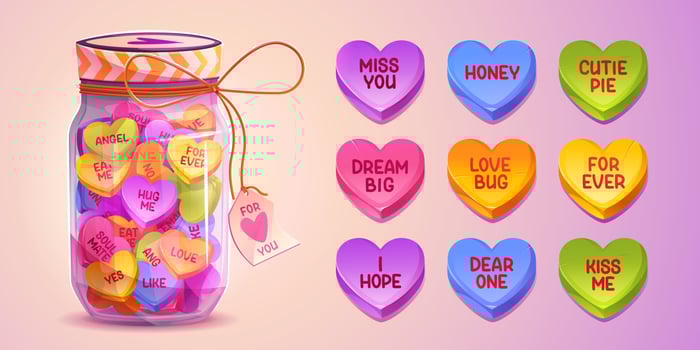 Valentine conversation heart candy in glass jar vector