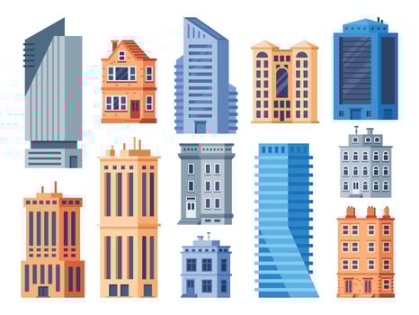 City buildings. Urban office exterior, living house building and apartment house isolated vector icons set