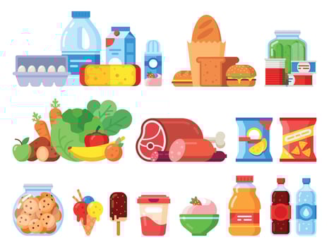 Food products. Packed cooking product, supermarket goods and canned food. Cookie jar, whipped cream and eggs pack flat vector icons