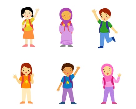 children boys and girls with school backpacks set isolated vector illustration. Multiethnic cute kids