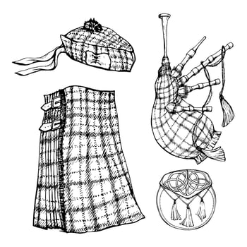 Ink hand drawn vector sketch of isolated objects. Scotland symbols, tartan kilt, scottish beret hat, sporran pouch, bagpipes. Design for tourism, travel, brochure, wedding, guide, print, card, tattoo.