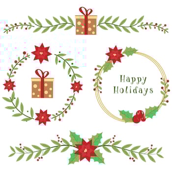 Floral greeting card design with circular frames and gift box for Happy Holiday celebration concept. vector