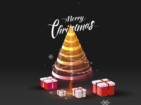 3D Xmas tree decorated with lighting garlands, snowflake and gift boxes on black background for Merry Christmas celebration greeting card design. vector