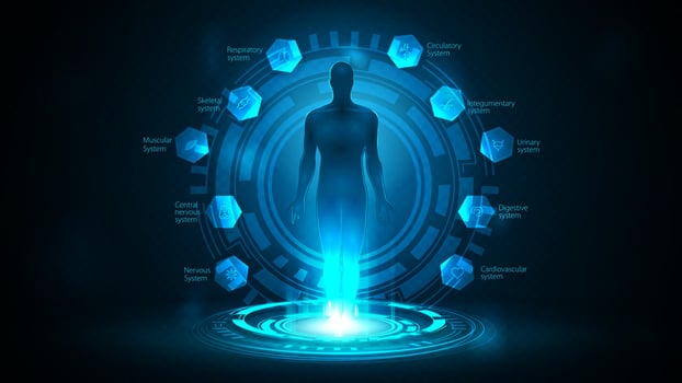 Online medicine, blue poster with silhouette of human inside blue portal made of digital rings in dark empty scene vector
